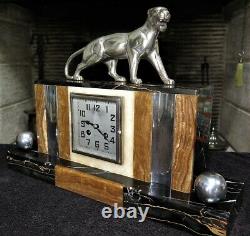 Pendulum Art Deco Marble And Bronze Panther Hugues French Clock