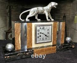 Pendulum Art Deco Marble And Bronze Panther Hugues French Clock