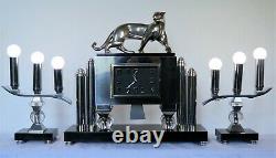 Pendulum Modern Art Panther Bronze Chrome Electric Clock Deco