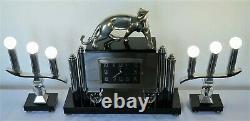 Pendulum Modern Art Panther Bronze Chrome Electric Clock Deco