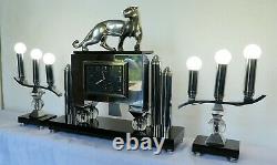 Pendulum Modern Art Panther Bronze Chrome Electric Clock Deco