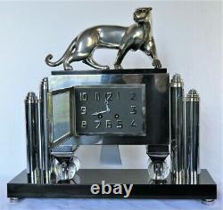 Pendulum Modern Art Panther Bronze Chrome Electric Clock Deco