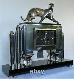 Pendulum Modern Art Panther Bronze Chrome Electric Clock Deco