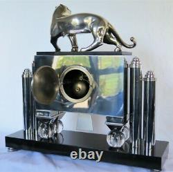 Pendulum Modern Art Panther Bronze Chrome Electric Clock Deco