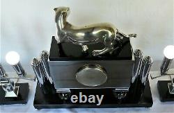 Pendulum Modern Art Panther Bronze Chrome Electric Clock Deco