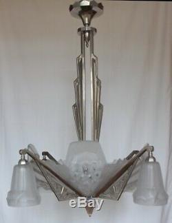 Petitot Grand Chandelier In Bronze And Glass Mold Press Argente Art Deco 1930