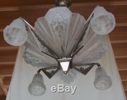 Petitot Grand Chandelier In Bronze And Glass Mold Press Argente Art Deco 1930