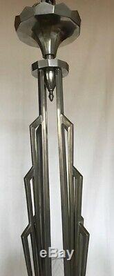 Petitot Grand Chandelier In Bronze And Glass Mold Press Argente Art Deco 1930
