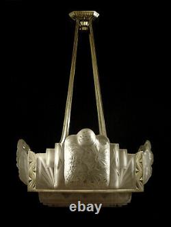 R. Muller Frères & Redon Chandelier Art Deco Bronze Nickel Plate & Glass Pressed