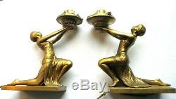 Rare 2 Bronze Table Lamps, Art Deco, Egyptian Woman Holding Light