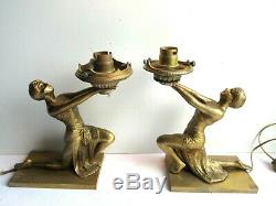 Rare 2 Bronze Table Lamps, Art Deco, Egyptian Woman Holding Light