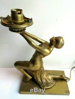 Rare 2 Bronze Table Lamps, Art Deco, Egyptian Woman Holding Light