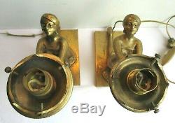 Rare 2 Bronze Table Lamps, Art Deco, Egyptian Woman Holding Light