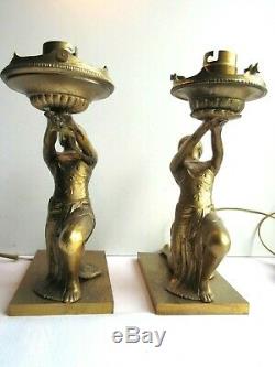 Rare 2 Bronze Table Lamps, Art Deco, Egyptian Woman Holding Light