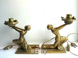 Rare 2 Bronze Table Lamps, Art Deco, Egyptian Woman Holding Light