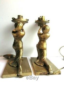 Rare 2 Bronze Table Lamps, Art Deco, Egyptian Woman Holding Light