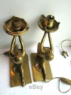 Rare 2 Bronze Table Lamps, Art Deco, Egyptian Woman Holding Light