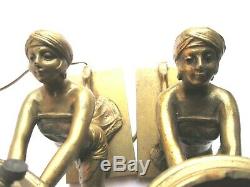 Rare 2 Bronze Table Lamps, Art Deco, Egyptian Woman Holding Light