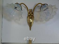 Rare Ancient Applique Bronze Double Art Deco Lights - Opalescent Glass Tulips