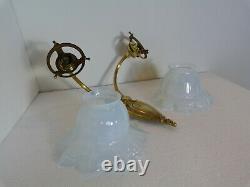 Rare Ancient Applique Bronze Double Art Deco Lights - Opalescent Glass Tulips