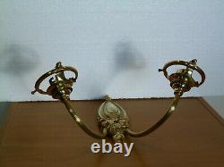 Rare Ancient Applique Bronze Double Art Deco Lights - Opalescent Glass Tulips