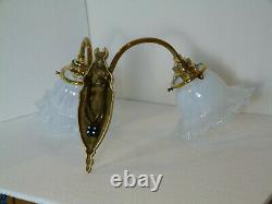 Rare Ancient Applique Bronze Double Art Deco Lights - Opalescent Glass Tulips