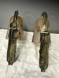 Rare Pair Of Appliques Signed Jean Robert Art Deco1930 Glass Molded Bronze Chandelier