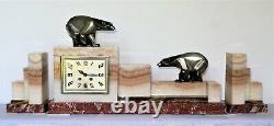 Rare Pendulum / Marble Trim Art Deco Cubist Bear French Bronze Set Clock