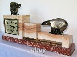 Rare Pendulum / Marble Trim Art Deco Cubist Bear French Bronze Set Clock