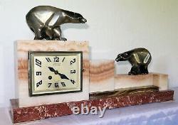 Rare Pendulum / Marble Trim Art Deco Cubist Bear French Bronze Set Clock