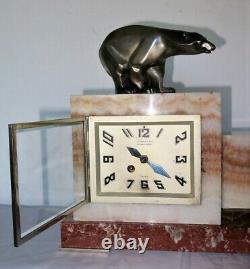 Rare Pendulum / Marble Trim Art Deco Cubist Bear French Bronze Set Clock