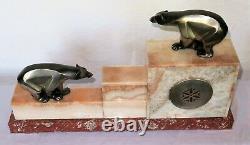 Rare Pendulum / Marble Trim Art Deco Cubist Bear French Bronze Set Clock