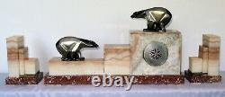 Rare Pendulum / Marble Trim Art Deco Cubist Bear French Bronze Set Clock