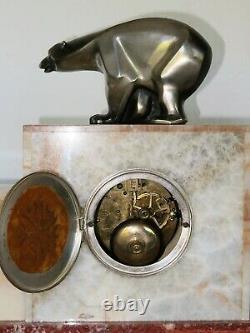 Rare Pendulum / Marble Trim Art Deco Cubist Bear French Bronze Set Clock