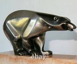 Rare Pendulum / Marble Trim Art Deco Cubist Bear French Bronze Set Clock