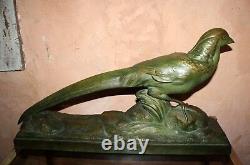 Rare Sculpture Art Deco 1930 Faisan Signee R. Pollin Terracotta Bronze Patina