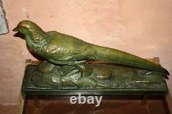 Rare Sculpture Art Deco 1930 Faisan Signee R. Pollin Terracotta Bronze Patina