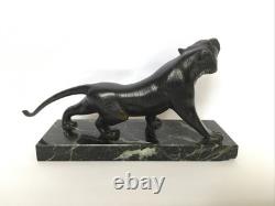 Roaring Tiger Bronze Statue with Sea-Green Marble Base, Art Deco Period