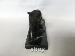 Roaring Tiger Bronze Statue with Sea-Green Marble Base, Art Deco Period