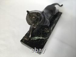 Roaring Tiger Bronze Statue with Sea-Green Marble Base, Art Deco Period