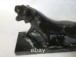 Roaring Tiger Bronze Statue with Sea-Green Marble Base, Art Deco Period