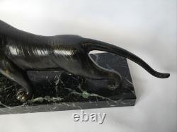Roaring Tiger Bronze Statue with Sea-Green Marble Base, Art Deco Period