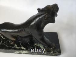 Roaring Tiger Bronze Statue with Sea-Green Marble Base, Art Deco Period