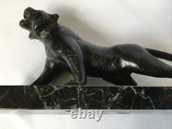 Roaring Tiger Bronze Statue with Sea-Green Marble Base, Art Deco Period