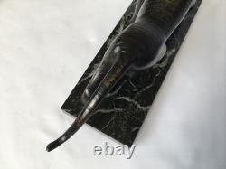 Roaring Tiger Bronze Statue with Sea-Green Marble Base, Art Deco Period