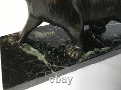 Roaring Tiger Bronze Statue with Sea-Green Marble Base, Art Deco Period