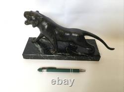 Roaring Tiger Bronze Statue with Sea-Green Marble Base, Art Deco Period