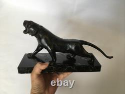 Roaring Tiger Bronze Statue with Sea-Green Marble Base, Art Deco Period