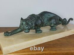 S. Melani (1902-1934) Lion On The Lookout Bronze Art-deco Signed 29 KG Very Good Condition