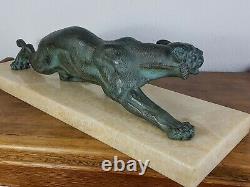 S. Melani (1902-1934) Lion On The Lookout Bronze Art-deco Signed 29 KG Very Good Condition